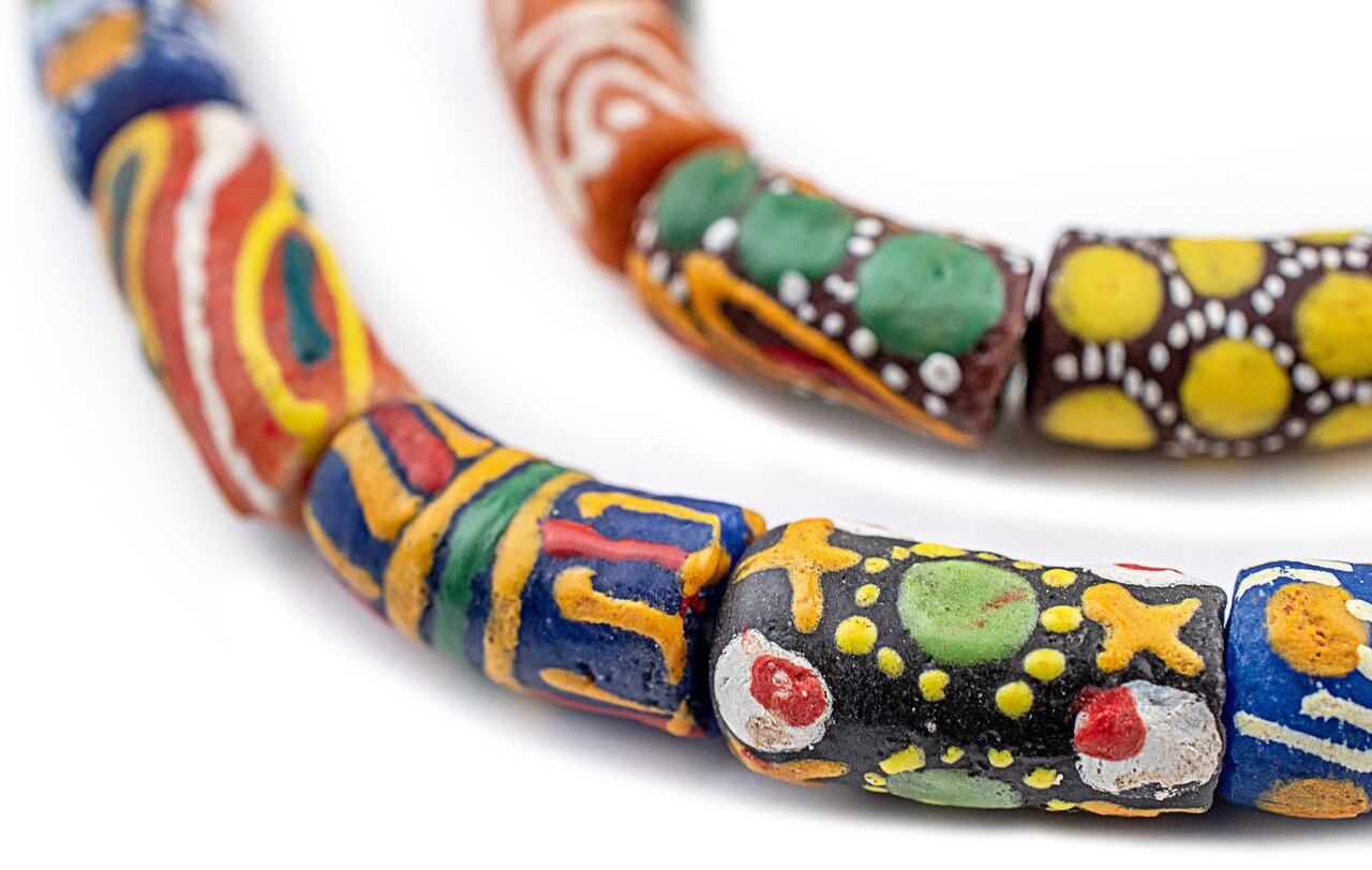 The Bead Chest Painted African Krobo Beads - Full Strand of Ghanaian Tribal Glass Beads for Necklace or Jewelry Making (Rainbow Mix)